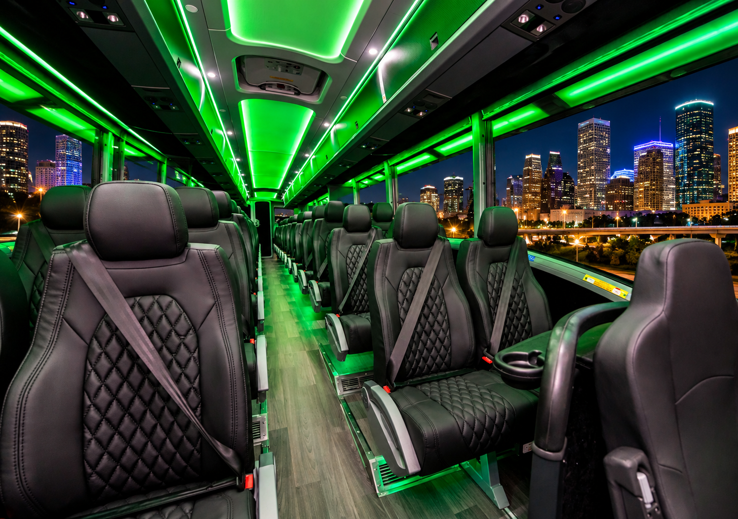Luxury group transportation interior for Houston charter bus service