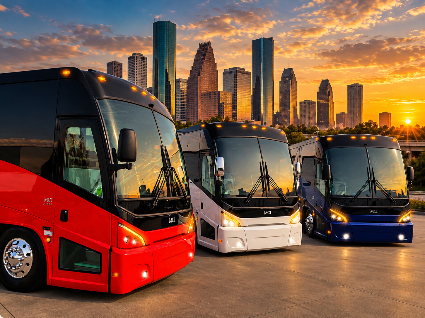 Luxury Houston charter bus and motor coach with Houston skyline